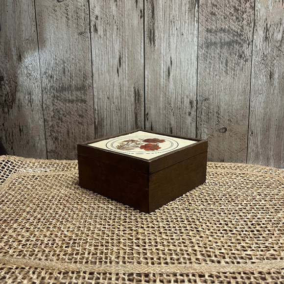 None Other - Vintage Pressed Flower Wooden Trinket Box Floral Inlay Jewelry Box Cottagecore